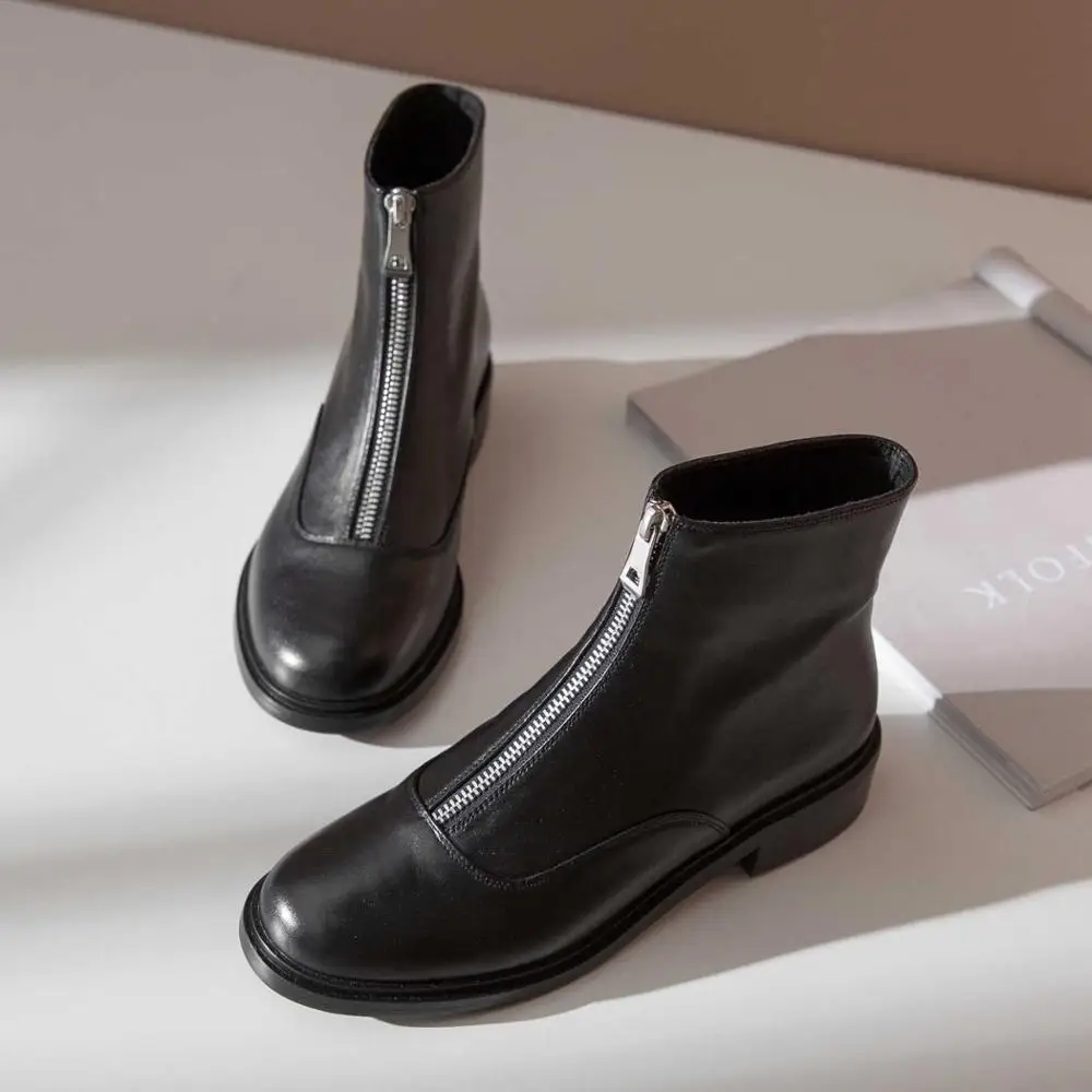 krazing pot winter warm leisure simple style genuine leather solid round toe low heels women fashion Zipper punk ankle boots L00