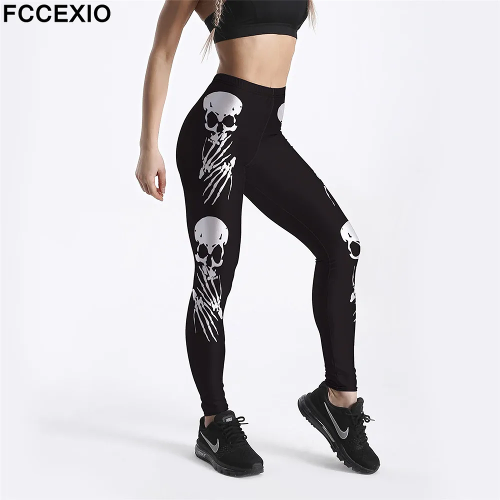 FCCEXIO 2021 New Pattern 3D Skull Head Print Women High Waist Legging Fashion  Fitness Elastic Skeleton Leggings