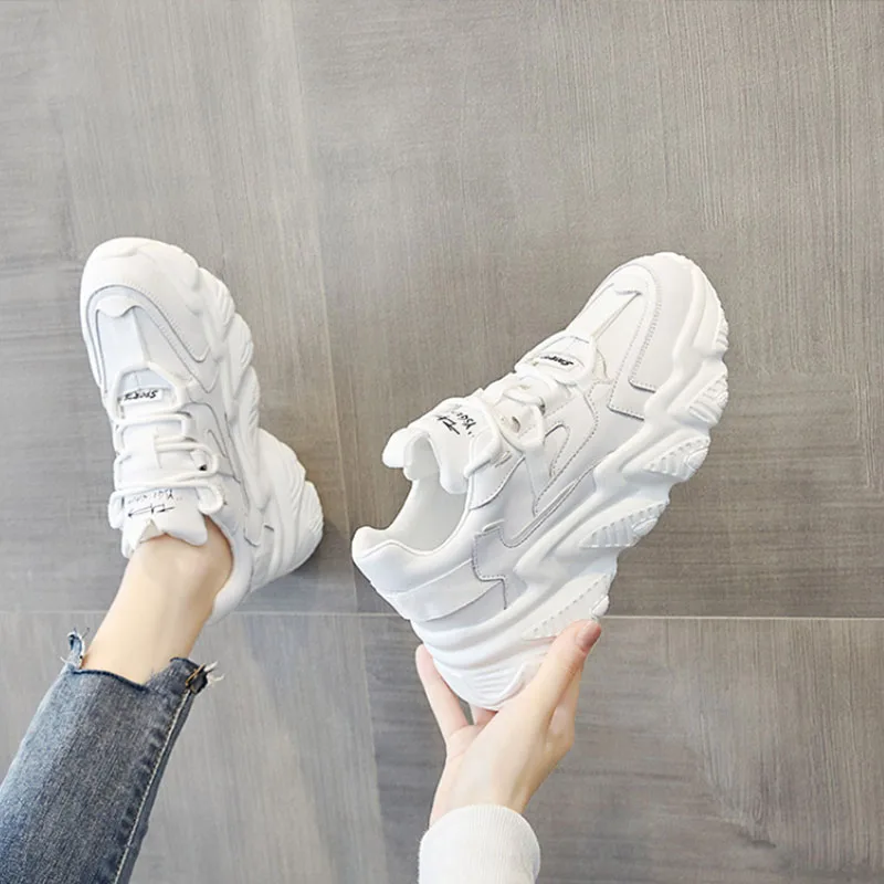 

Женские кроссовки на толстой подошве, Вулканизированная подошва, удобные дышащие, на шнуровке, повседневная обувь, белый цвет