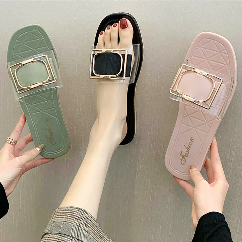 

2021 Outdoor Slipper Slides Fashion Flats Slippers Casual Beach Shoes Woman Flip Flops Metal Decoration Slippers Women Summer