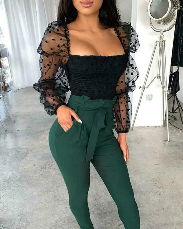 НОВЫЕ шикарные сексуальные женские сетчатые прозрачные блузки в горошек с длинными пышными рукавами топы