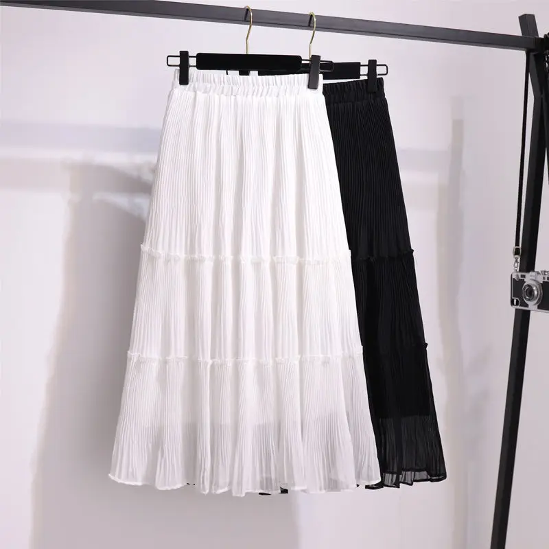 

Spring Summer 2023 Women Solid Elastic High Waist Loose Midi Skirt Patchwork Fashion Casual White Black Chiffon Skirts Y845