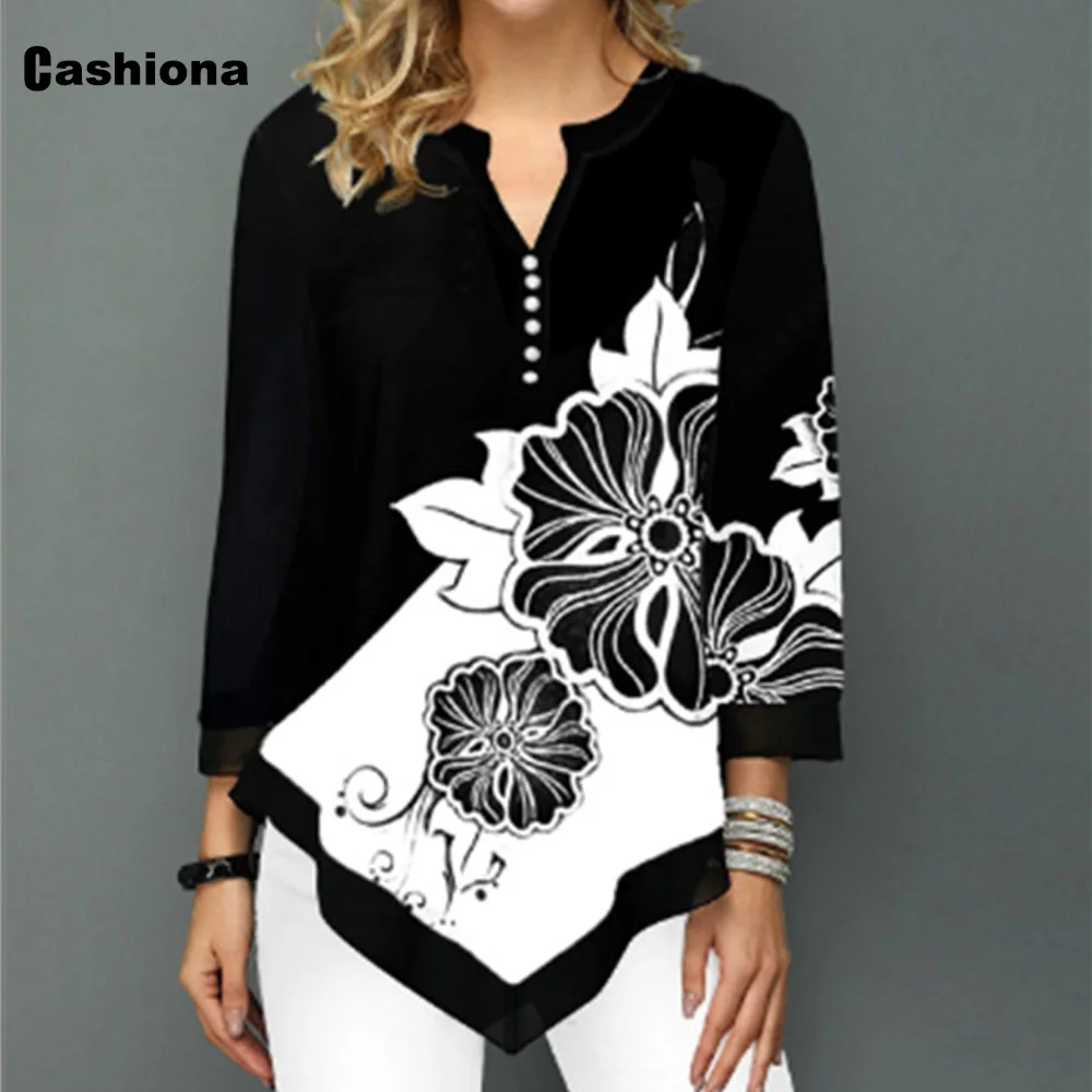

Cashiona Ladies Elegant Leisure Casual T-shirt Gradient Color Print Women's Top 2020 Summer New Irregular Loose Tees shirt Femme