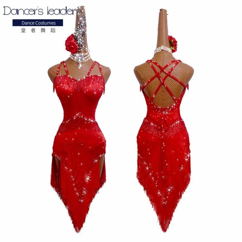 

Latin Dance Dress Female Red Backless Slim Dance Skirt Cowboy Chacha Children's Adult Performance Costume