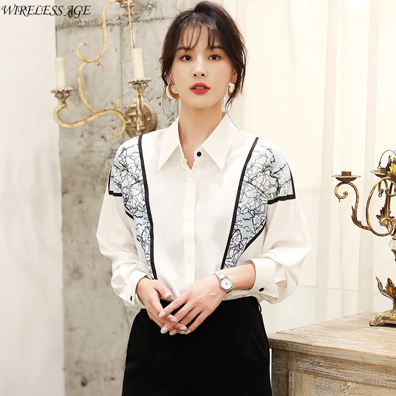 

WIRELESS AGE Shirt Retro Printed Contrast Color Loose Chiffon Long Sleeve Shirt Women's 2021 New Women's Fashion Daily Wild