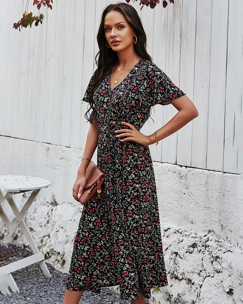 

Original Retro Print Dress V-neck Sexy High Waist Slit Comfortable Casual Elegant Beach Party 2021 Women Clothing Summer Dress