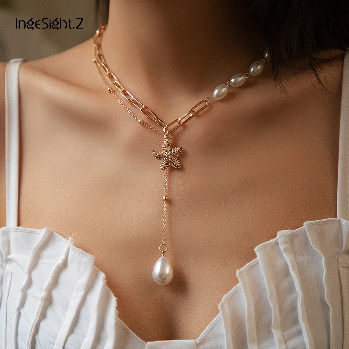 

IngeSight.Z Boho Starfish Shell Pendant Long Necklace Asymmetrical Imitation Pearl Link Chain Choker Necklaces for Women Jewelry