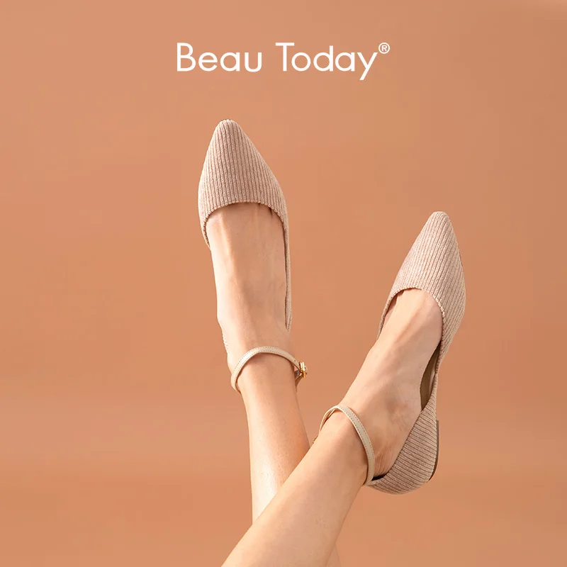 Женские вельветовые туфли BeauToday из натуральной коровьей кожи с острым носком и