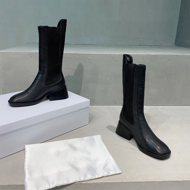 

Autumn Winter New Products Crocodile Cowhide Embossed High Heel Mid-calf Boots Square Toe Color Matching Women's Short Boots