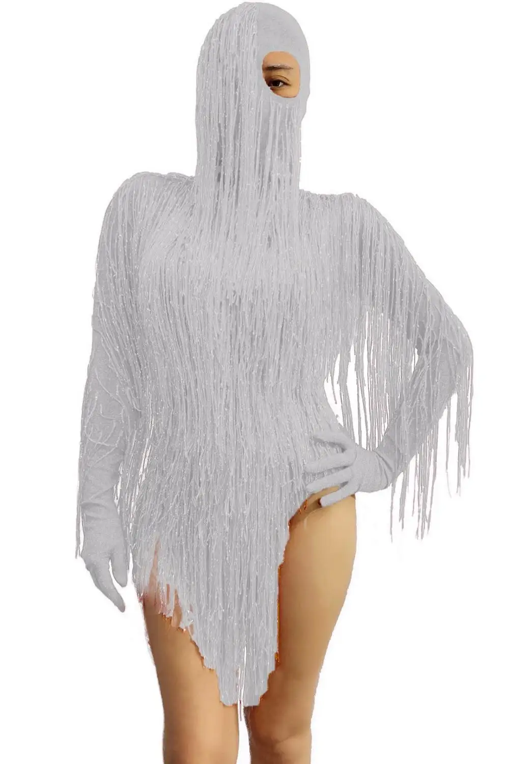 Red Gold Tassel Long Sleeve Elastic Hooded Bodysuit Women Masked Singer Stage Wear Dancer Team Jazz Dance Jumpsuit Sexy Costume