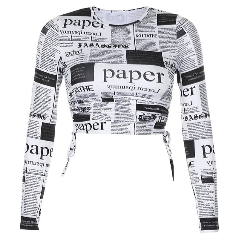 

Newspaper Letter Print Fitted Tee Women Casual Top Spring Autumn O-Neck Long Sleeve Skinny Streetwear T-shirts