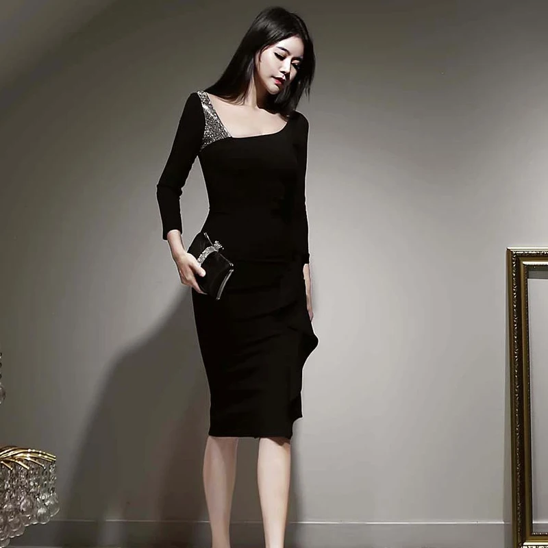 

Autumn Winter fashion Black Beading Crystal sexy v-neck Long Sleeve Slim Formal Party Dress