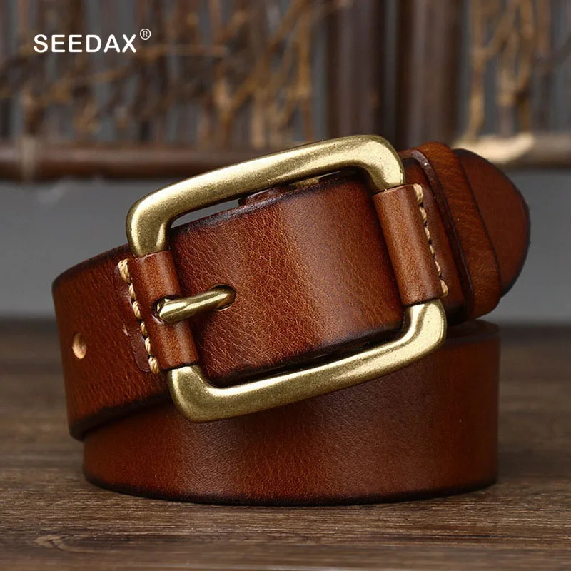 Mens Leather Belts Genuine Cowhide Full Grain Leather Belt Durable Copper Needle Buckle Men Handcrafted Casual Work Luxury Jeans