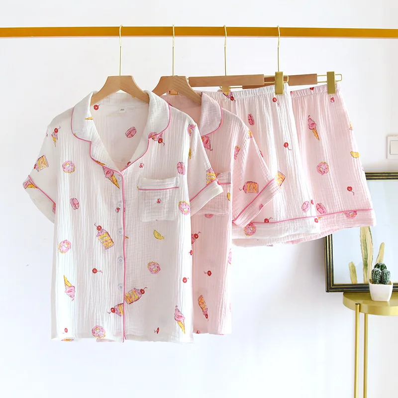 

Pajamas for Women Pure Cotton Crepe Thin Short Sleeved Sleepwear with Shorts Two-piece Sets Loose Soft Women Summer Home Wear