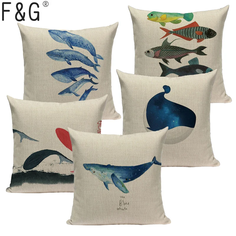 Наволочка из хлопка и льна с принтом морских животных рыбок 18x18 дюймов|Наволочки|