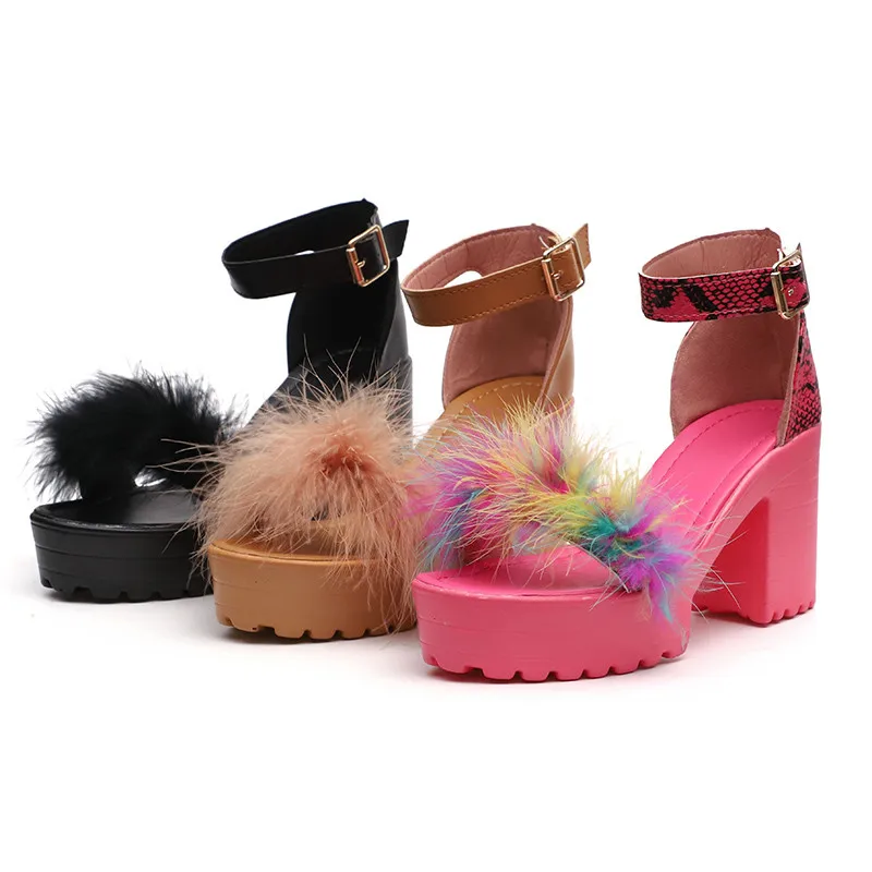 Woman Furry Sandals High Heels with Fur Female Platform Pumps Women Ankle Strap Women's Wedge Shoes sandalias mujer 2020