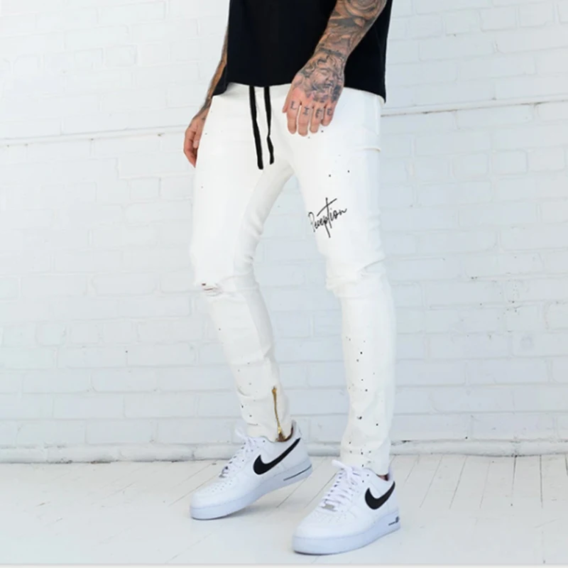 White Ripped Jeans Men Skinny Casual Stretch Denim Pencil Pants Zipper Embroider Letters HOLE Vintage Harajuku Jogger Trousers