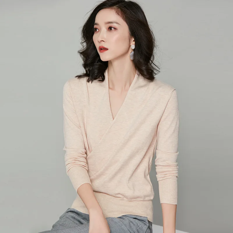 Вязаные топы с запахом женский шерстяной кардиган свитер длинным рукавом