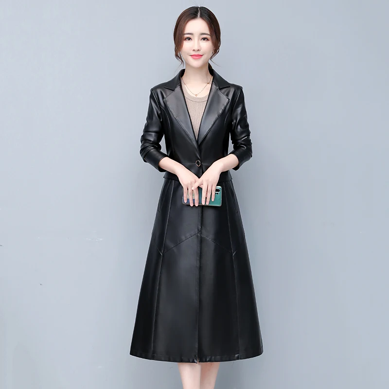 

Autumn Winter Women Long Leather Coat Fur Collar Fashion Pu Leather Jacket Slim Plus Size Women Faux Leather Trench Coat Outwear