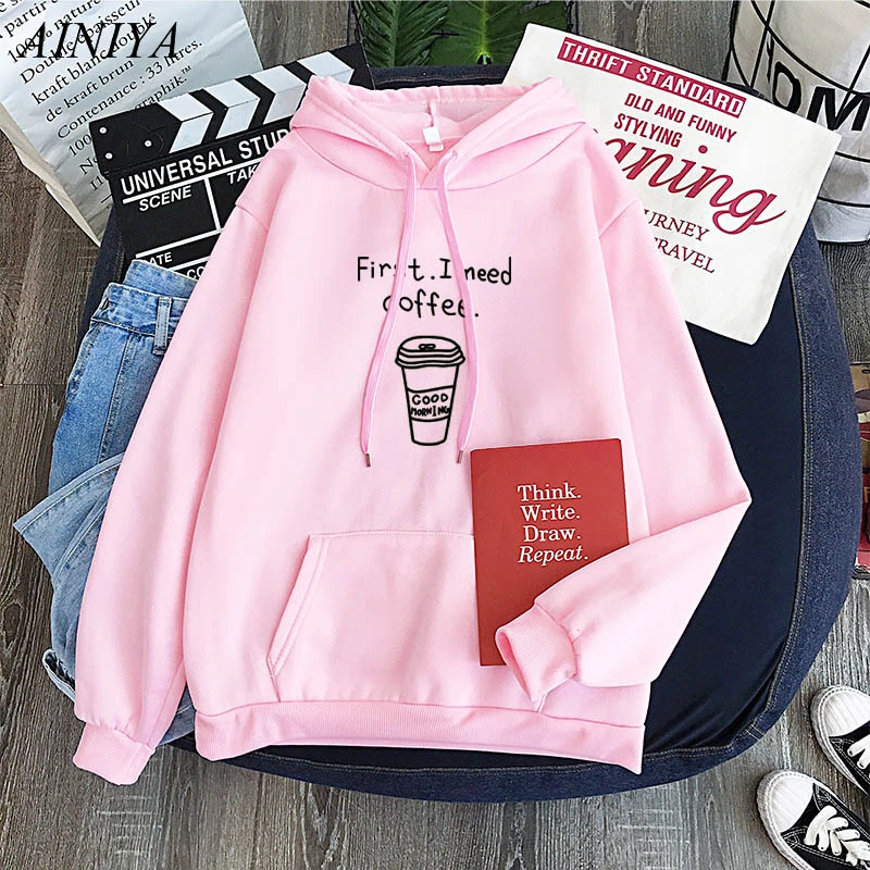 

AINIYA Autumn Winter Women Harajuku Hoodies First I Need Coffee Letter Sweatshirt Long Sleeve Turtleneck Fleece Girls Pullover