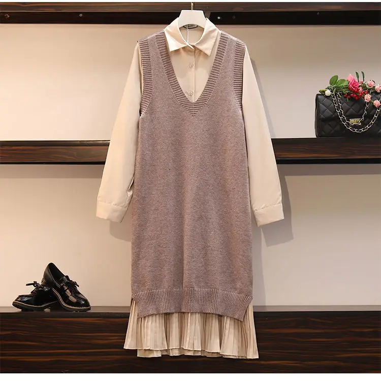 

2021 New Fashion Two Pieces Suits Women Autumn Knitted Sleeveless Sweater Vest + Bow Flare Long Chiffon Pleated Dress Sets Q703