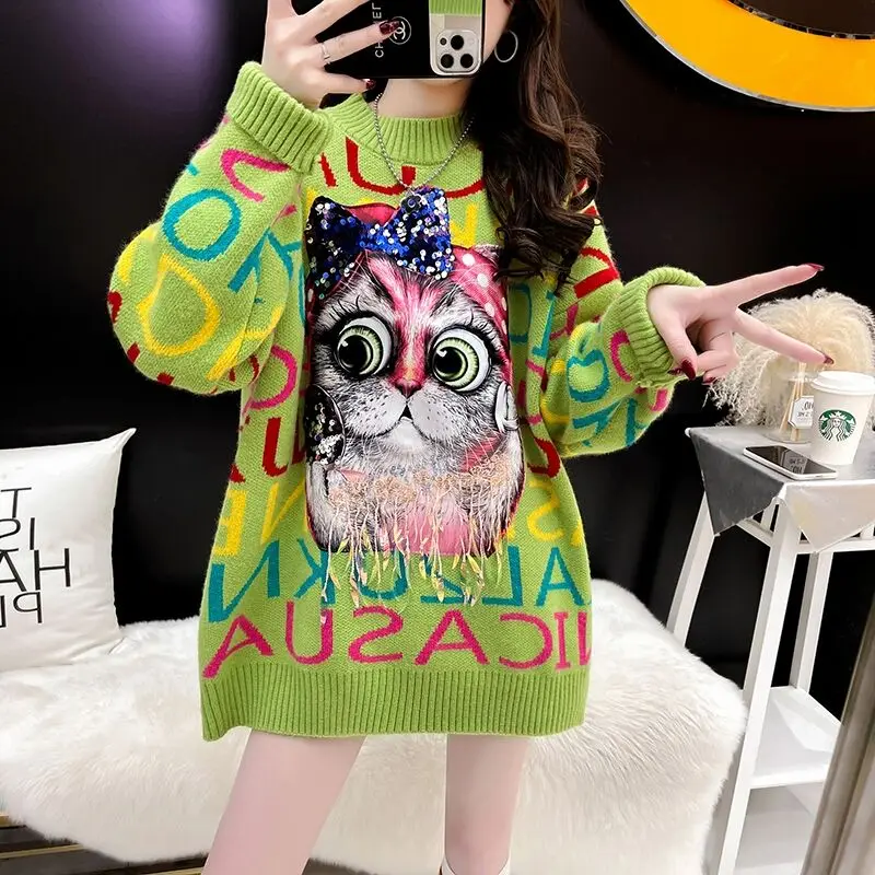

Oversize Women Pullover Sweater Fashion Cartoon Cat Letter Sequin Knitwear Vintage Hiphop Loose Streetwear Женский теплый свитеp
