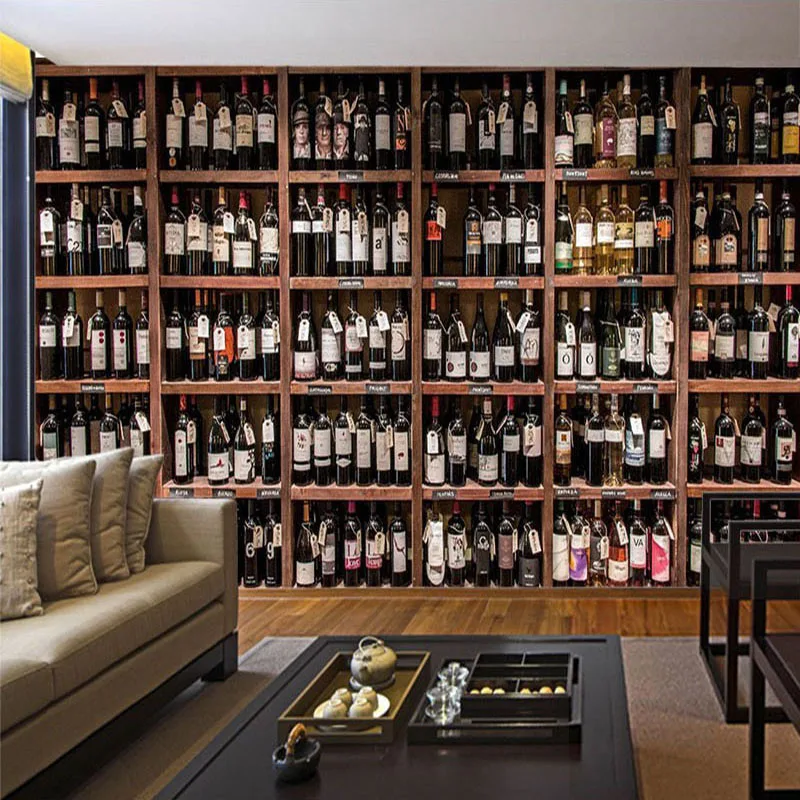 

Photo Wallpaper 3D Retro Red Wine Bottles Wooden Wine Rack Murals Kitchen Restaurant Bar Wall Decor 3D Self-Adhesive Wallpapers