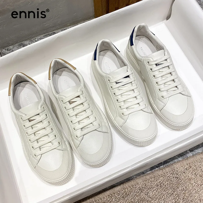 

ENNIS Women's White Sneakers Flat Platform Shoes Leather Lace Up Vulcanized Shoes Female Comfortable Casual Shoes Spring F103