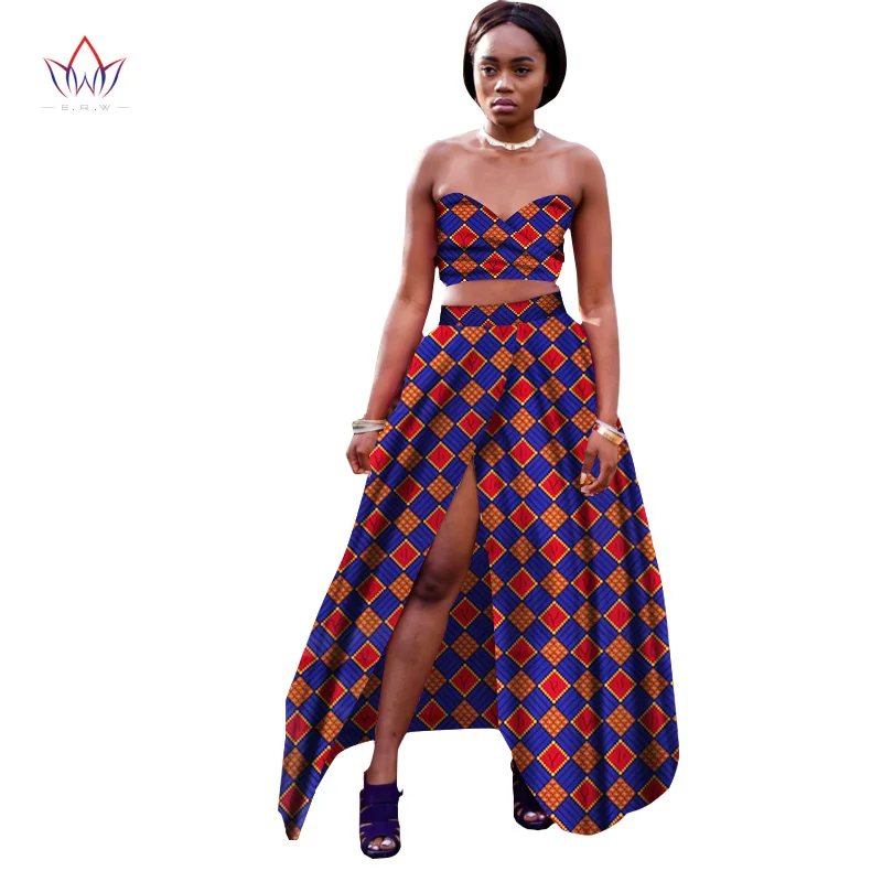 2017 BRW Private Custom African Dress Bazin Riche Women Suit Strapless Tops and Long Print Skirt Large Size M-6XL WY1448 | Тематическая