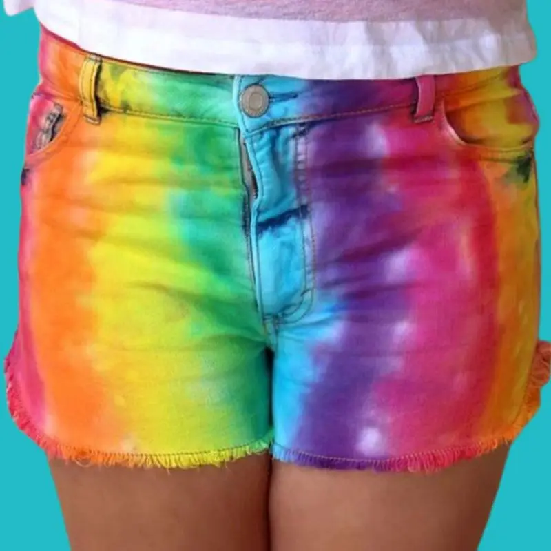 

Women Casual Sexy Denim Shorts Rainbow Color Printed Pocket Jeans Summer Beach Holiday Short Pants S-3XL
