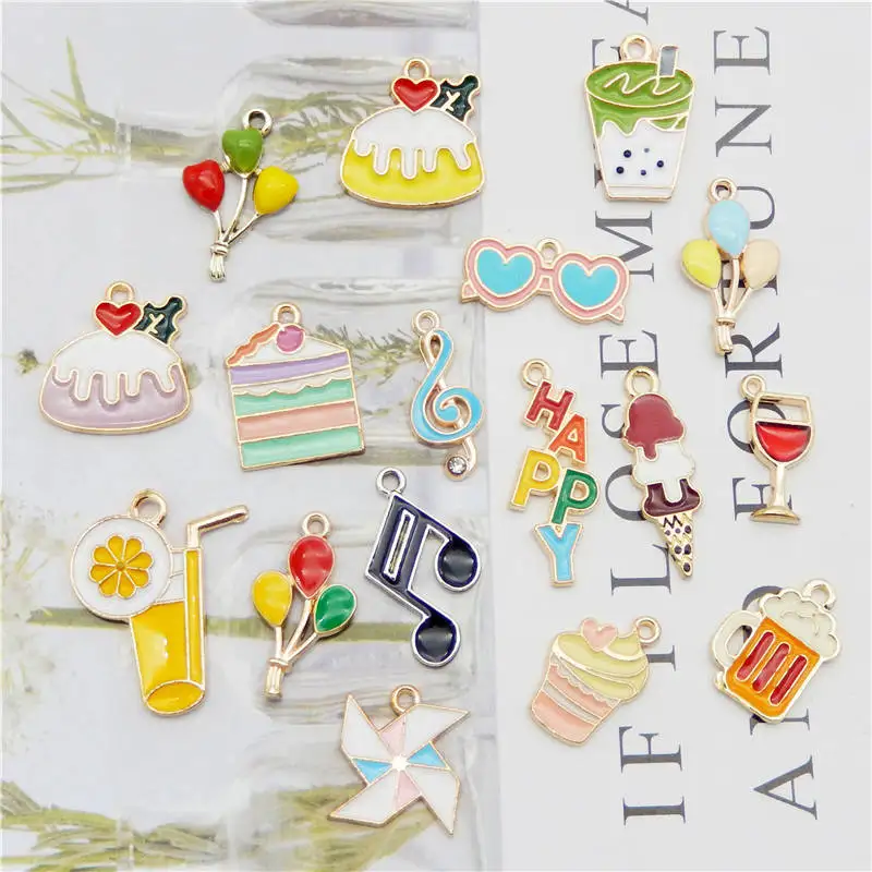 Julie Wang 17PCS Enamel Charms Mixed Ice Cream Fruit Juice Cake Balloon Note Windmill Wine Beer Alloy  Jewelry Making Accessory