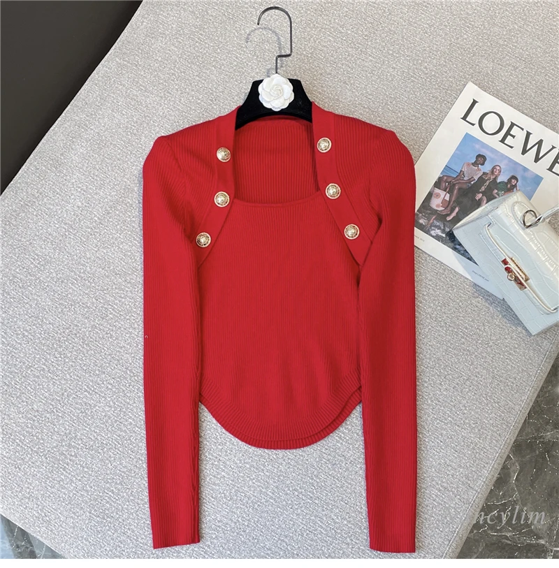 

Женский красный свитер, Новинка весна-зима 2022, Рождественский короткий пуловер с квадратным вырезом, вязаные Джемперы, подходящие ко всему