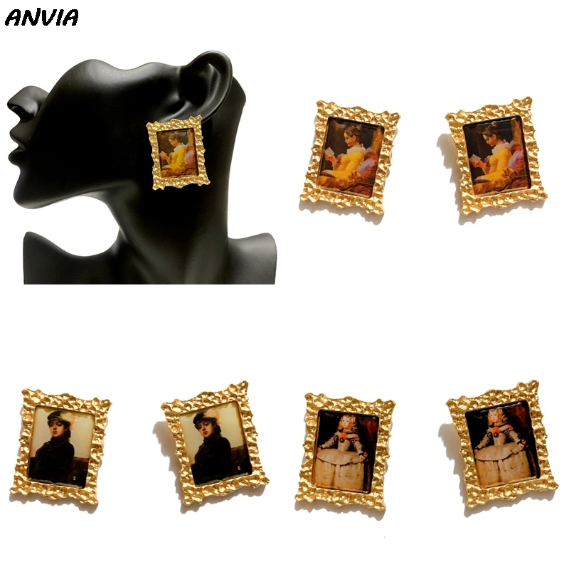 

World Famous Oil Painting Jewelry Portrait Stud Earrings For Women Gold Photo Frame Wearable Art Accessories Brincos Gifts New