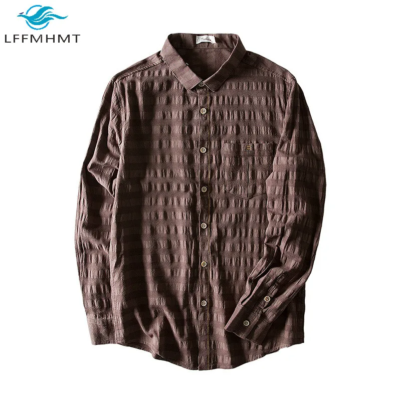 

Spring Fall New Fashion Pleat Grid Long Sleeve High Quality Soft Breathable Cotton Linen Turn Down Collar Shirts Male Casual Top