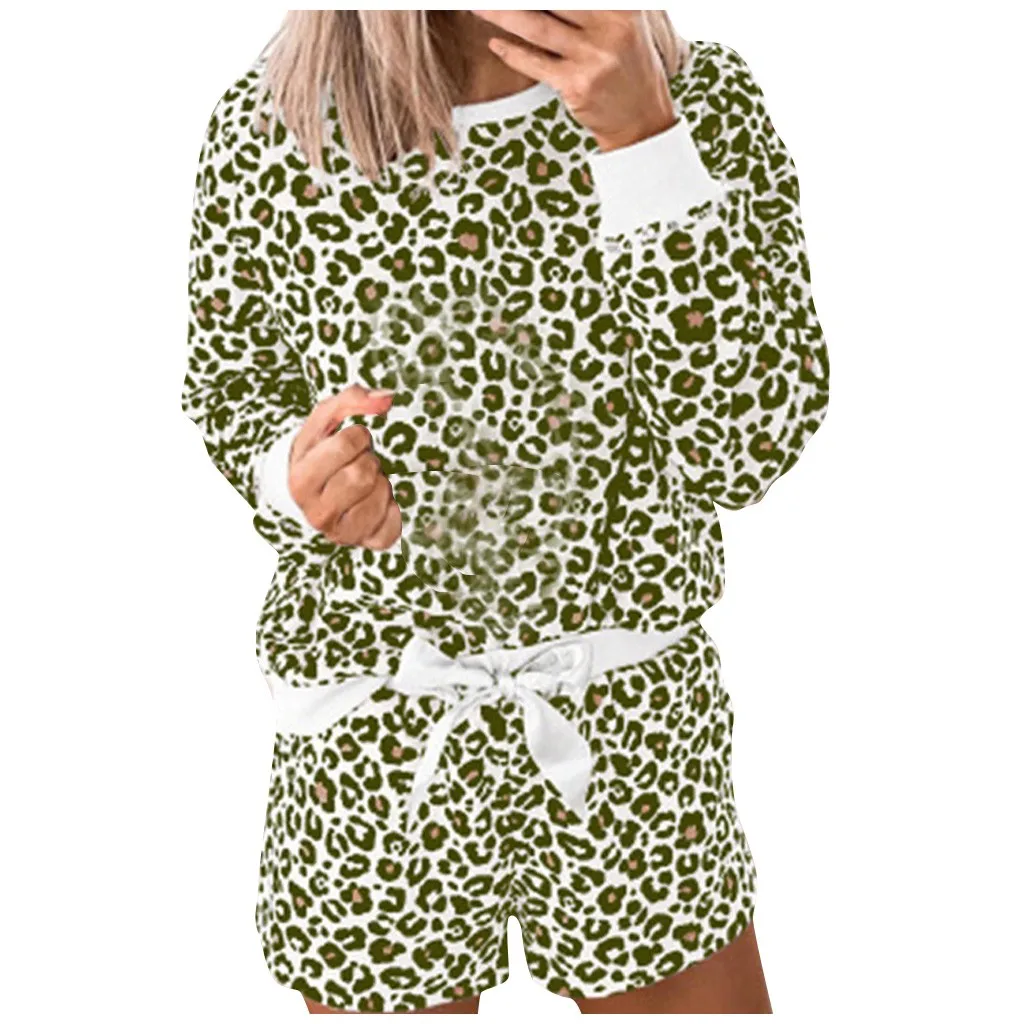 

Womens Leopard long Sleeve Pajama Set ladies Night Lounge Top shorts Sleepwear hot Nightgown casual home nightie clothes set