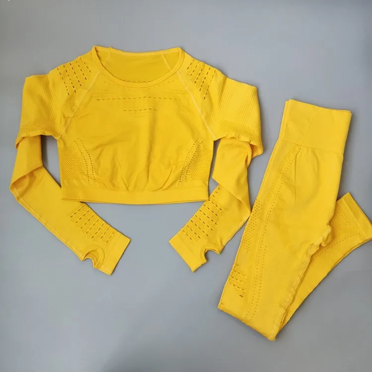 Комплект для йоги открытые бесшовные леггинсы с длинным рукавом + длинные штаны