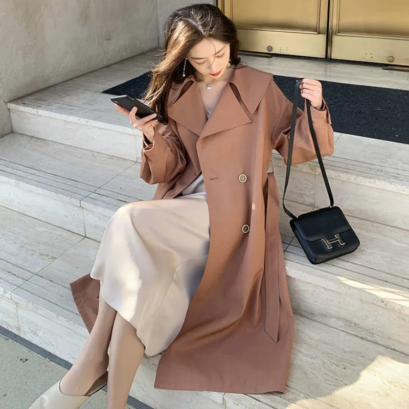 

Women New Fashion Trench Coat Double-Breasted Cotton Autumn Ladies Long Coats Simple Loose Elegant High Quality Jackets Ulzzang