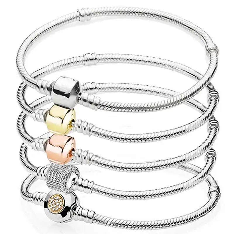 Momemts Two-tone Signature Rose Gold Barrel Lobster Clasp 925 Sterling Silver Bracelet Bangle Fit Fashion Bead Charm Diy Jewelry