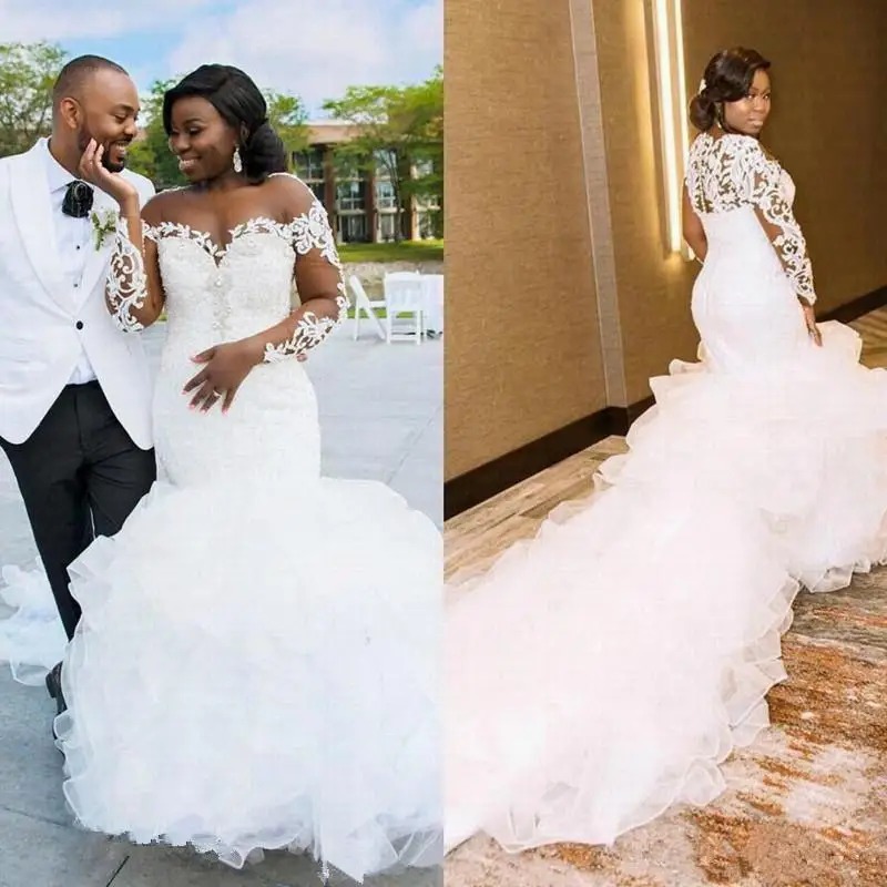 

African Mermaid Wedding Dresses Ruffle Appliques Lace Beaded Bride Formal Wedding Gowns Sheer Full Sleeves Sexy Bridal Dresses