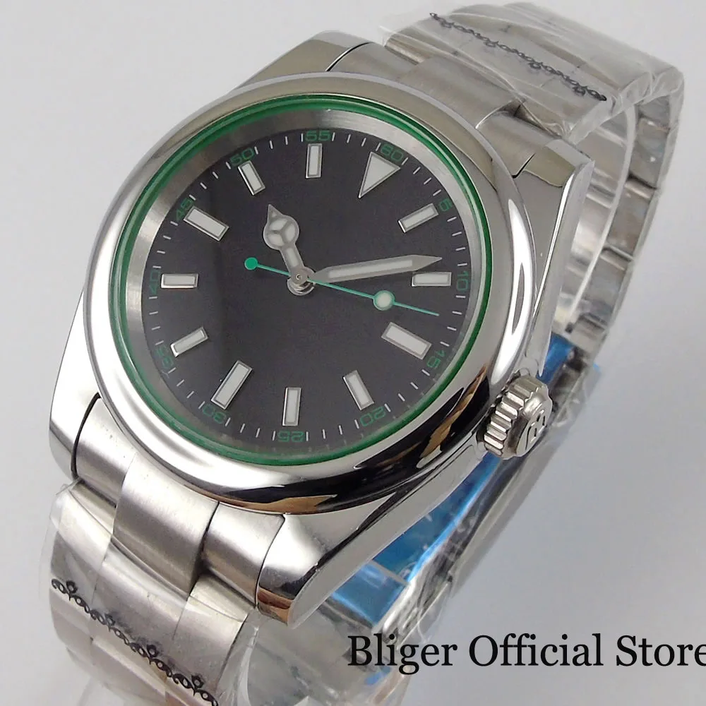 

BLIGER Polished Automatic Men Watch MIYOTA 8215 NH35A PT5000 Movement Oyster Band Sapphire Glass Green Second Hand