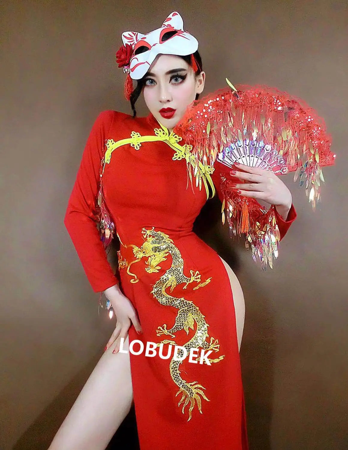 Женское сценическое платье-Ципао с бахромой блестками и разрезом | Тематическая