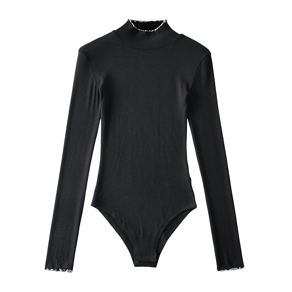 

Sexy bodysuit women fall one piece outfit women turtleneck bodysuit knitted ruffle romper white bodycon overalls black korean