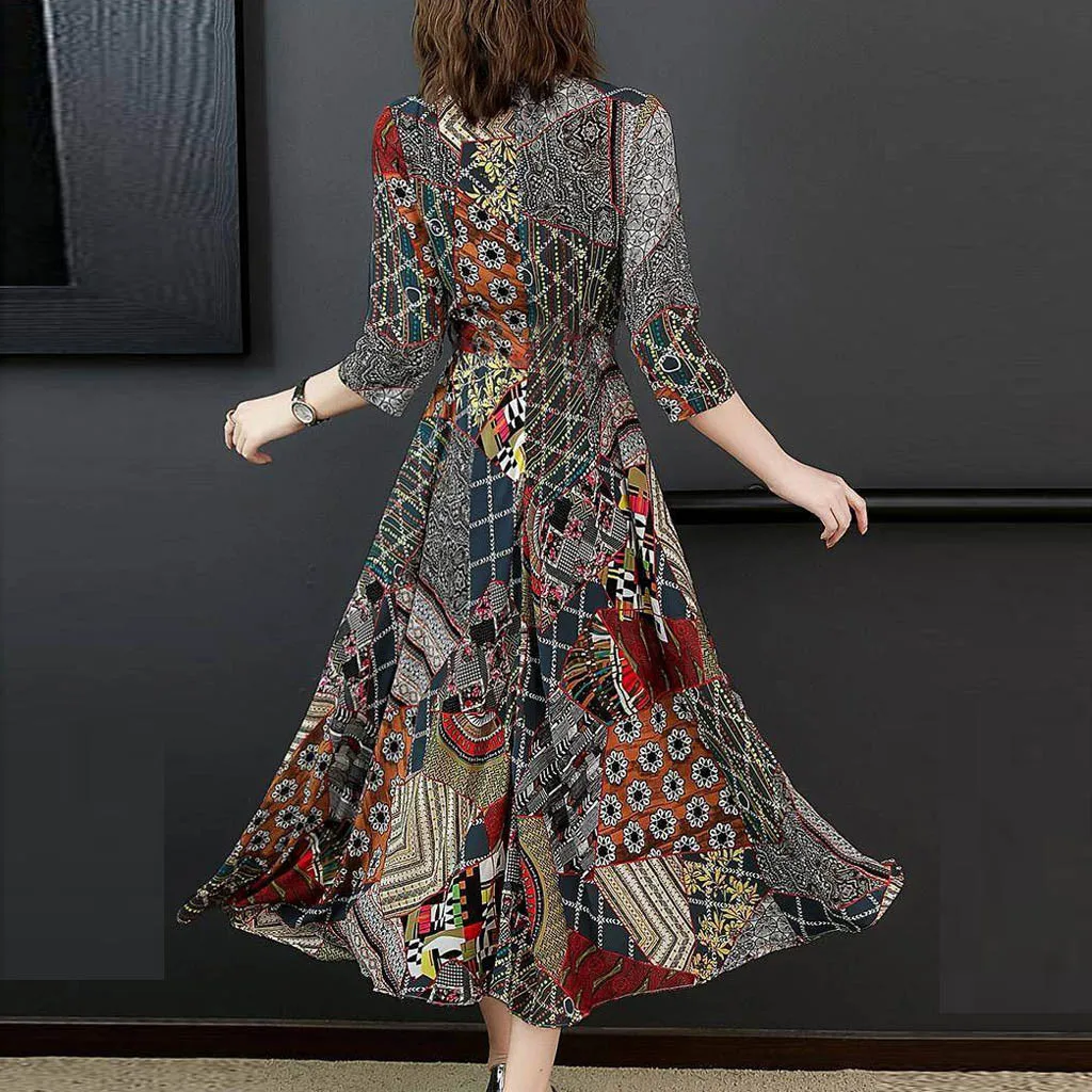 Maxi Dresses For Women Casual Loose V-Neck Three Quarter Sleeve Long Vintage Ladies Floral Print A-line Dress Sukienka | Женская одежда