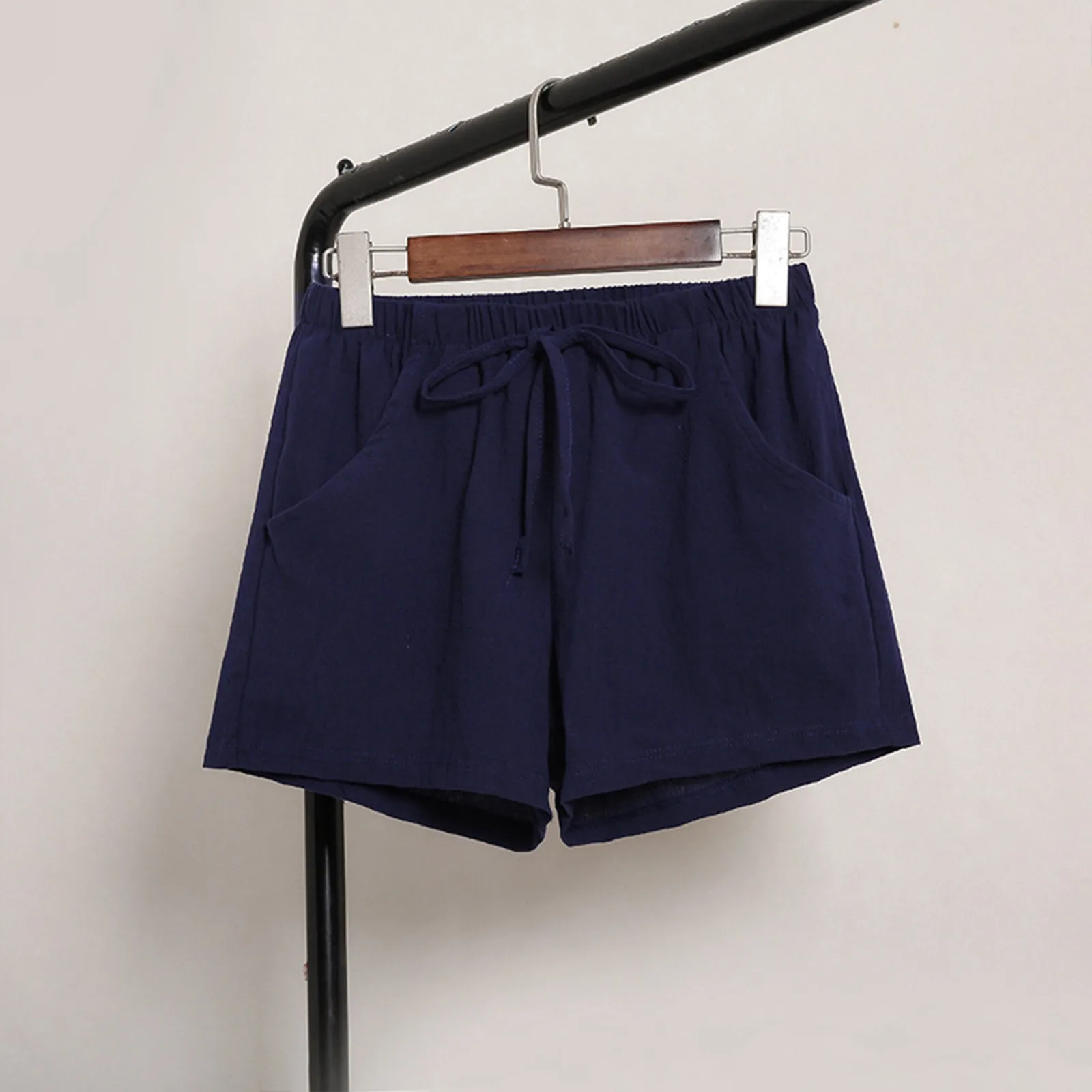 

Womens Solid Cotton And Linen Shorts Pocket Elastic Waist Loose Short Pants Sport Comfy Simple Short Free Shipping