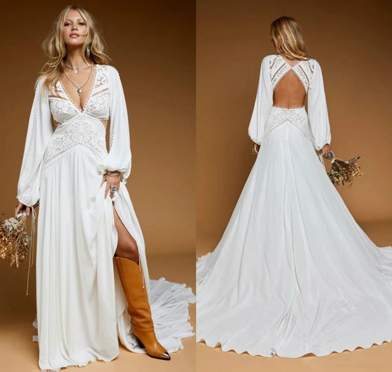 

Bohemian Abiti Da Sposa Lace bridal dress Appliqued A Line V Neck Hollow Back Long Sleeve Wedding Dresses Sweep Train Beach