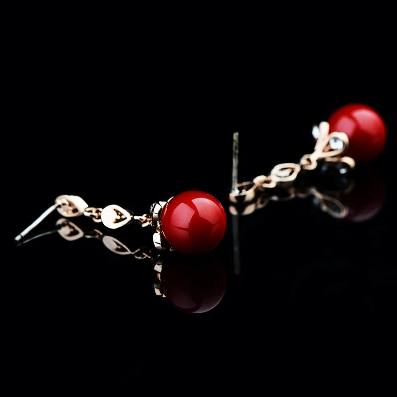 Серьги Коралл Коралловые Серьги Красные Серьги Гвоздики Серьги Женские Серьги Висячие Сережки с Камнем Позолоченые Украшения Женские Корейская Мода