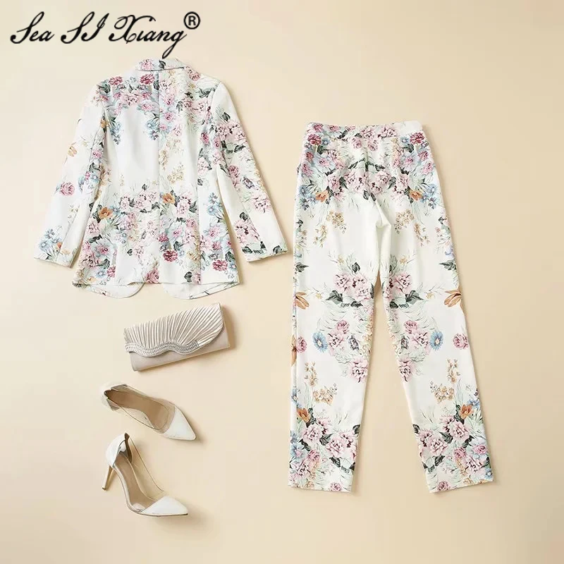 

Seasixiang Fashion Designer Autumn Floral Print Sets Women's Long Sleeve Blazer Tops + Long Pants Two-piece set
