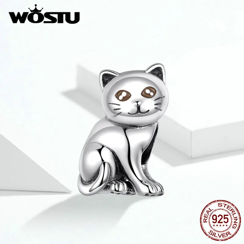 WOSTU новый подлинный 925 пробы серебряный милый маленький котенок бусины Chams Fit Chram