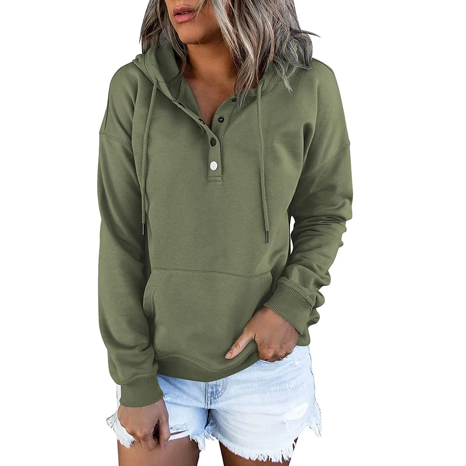 

Women's Solid Color Loose Pullover Button Drawstring Hoodie Hooded Pocket Casual Long Sleeve V-neck Streetwear Casual 2021 худи