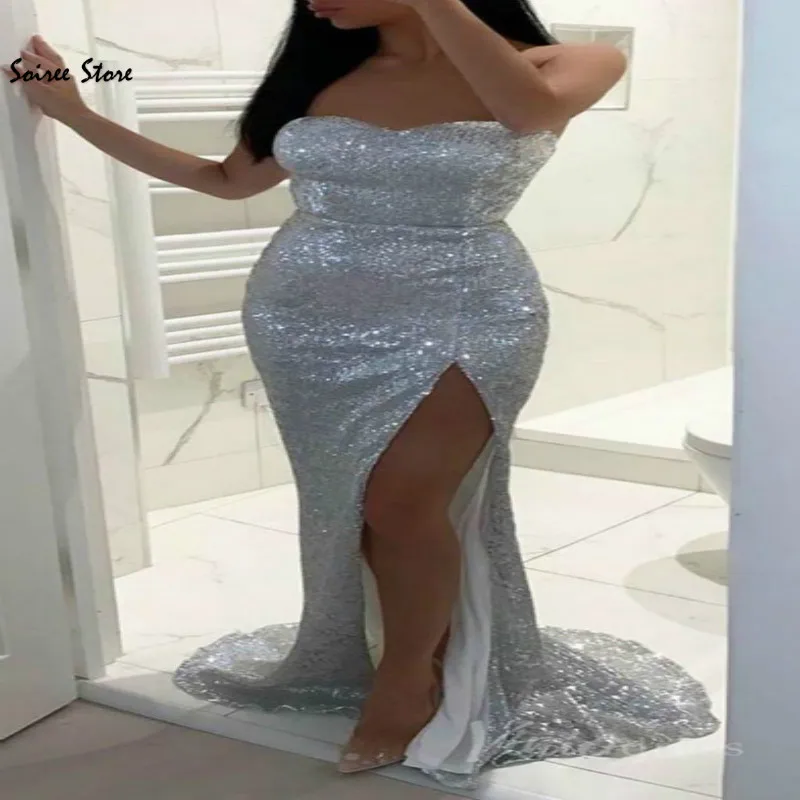 

Glitter Sequins Silver Prom Dresse Sexy Strapless Mermaid Evening Dress African High Slit Long Formal Dress Graudtion Party Wear